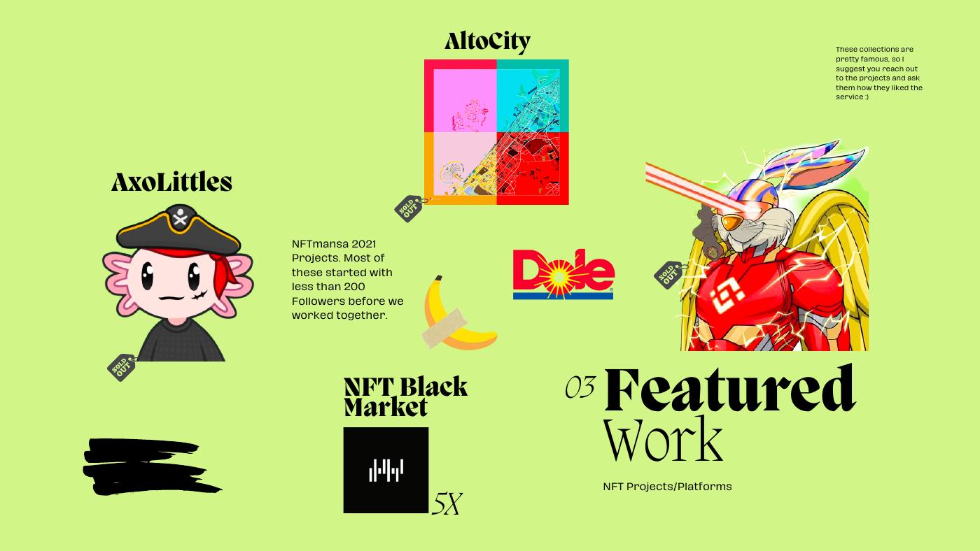 Original portfolio page featuring AxoLittles, AltoCity and NFT Black Market